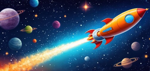  an image of a space scene with a rocket in the foreground and planets on the far side of the image and a bright blue star in the middle of the background.