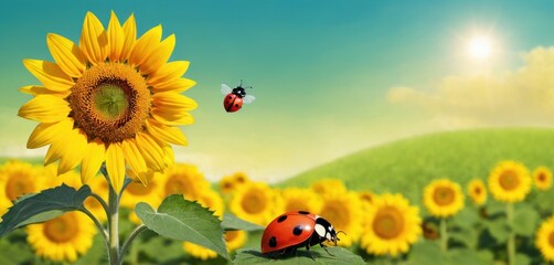  a picture of a sunflower and a ladybug in the middle of a field of sunflowers with a blue sky and sun in the back ground. - obrazy, fototapety, plakaty