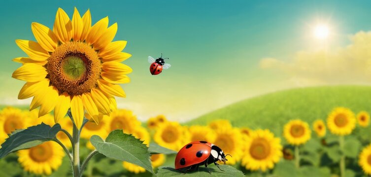  a picture of a sunflower and a ladybug in the middle of a field of sunflowers with a blue sky and sun in the back ground.