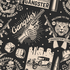 Set of gangster club seamless pattern. Vector illustration. Vintage monochrome label, sticker, patch with gangster, submachine gun and tiger gangster skull silhouettes.