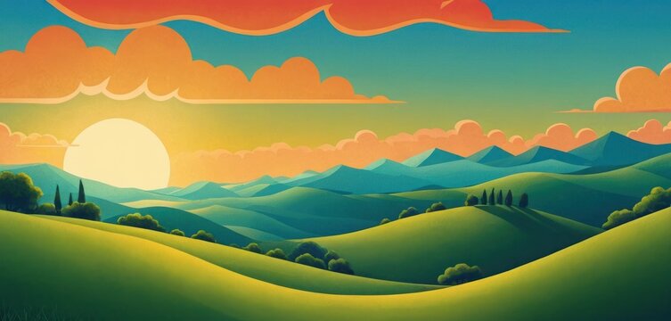  a painting of the sun setting over a green landscape with hills and trees in the foreground and a blue sky with white clouds in the middle of the background.