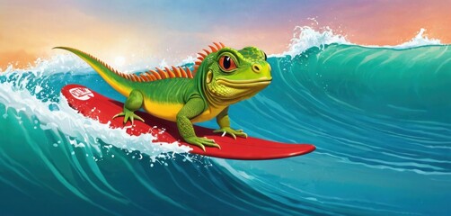  a painting of a lizard on a surfboard in the ocean with a wave in the foreground and a red surfboard in the foreground with a wave in the foreground.