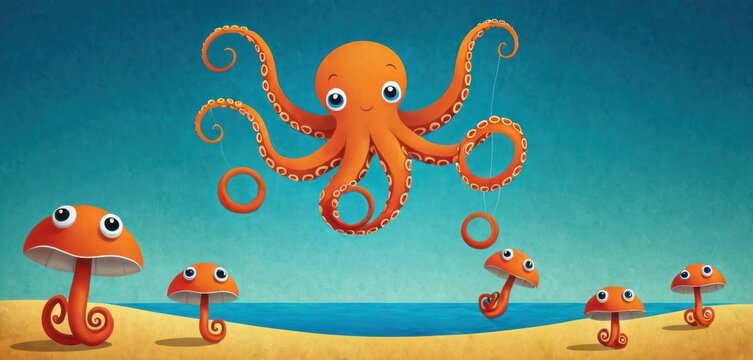  a painting of an octopus flying over a group of smaller octopus's in front of a body of water with smaller octopus's coming out of it's tentacles.