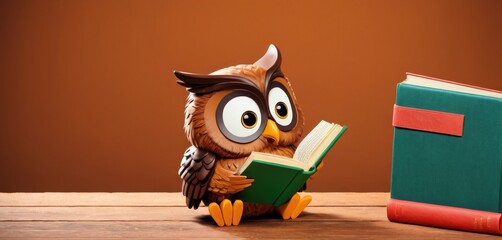  an owl figurine sitting on a table next to a book with eyes wide open and a book in front of it, on a wooden table with a brown background. - obrazy, fototapety, plakaty