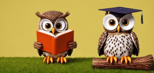  a couple of owls sitting on top of a grass covered field next to each other holding a book in front of a graduation hat on top of a tree branch.