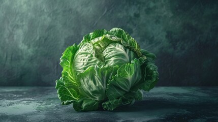  a close up of a head of lettuce on a table with a green wall behind it and water droplets on the ground behind the head of lettuce.