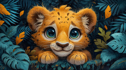detailed illustration of a print of colorful cute baby lion