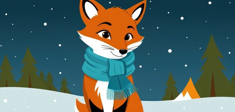  a cartoon picture of a fox wearing a scarf and a scarf around its neck, sitting in the snow in front of a night sky filled with stars and snow.