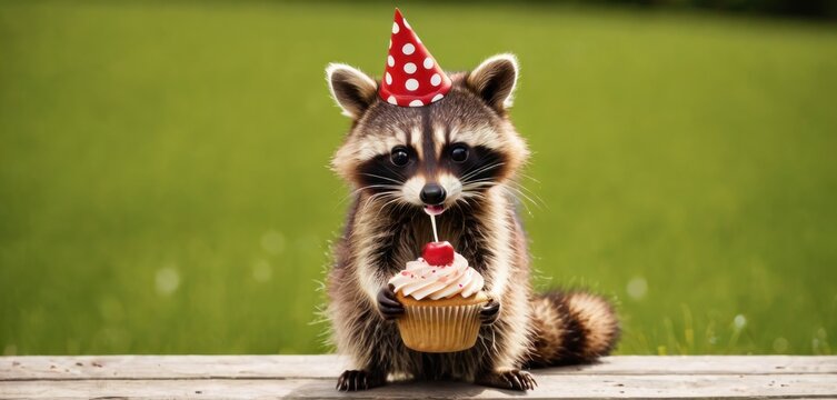  a raccoon holding a cupcake with a red and white polka dot hat on it's head, sitting on a wooden table in front of green grass.