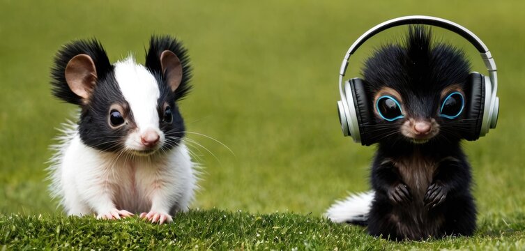  a black and white rat and a black and white rat with blue eyes wearing headphones on their ears, sitting in the grass with each other side of the rat.