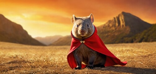  a rodent dressed in a red cape sits in a field in front of a mountain range with a golden sky in the background and a red cape is the foreground.