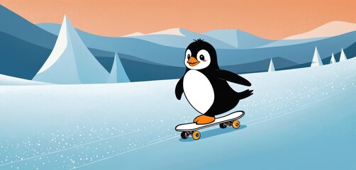  a cartoon penguin riding a skateboard on a snow covered slope with mountains in the background and an orange sky with a few snow flecks in the foreground.
