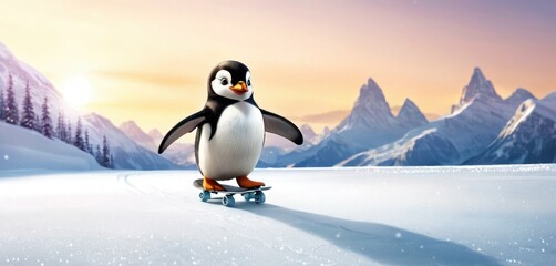  a penguin is riding a skateboard on a snow covered surface with mountains in the background and a sun shining on the snow capped mountains in the sky behind it.