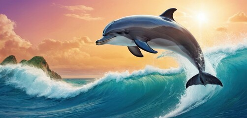  a painting of a dolphin jumping out of the water in front of a mountain and a body of water with a rock in the foreground and a sunset in the background. - obrazy, fototapety, plakaty