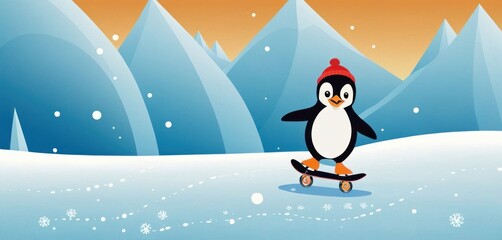  a cartoon penguin riding a skateboard on a snowy surface with mountains in the background and snow flakes on the ground, with a red hat on top of the penguin.