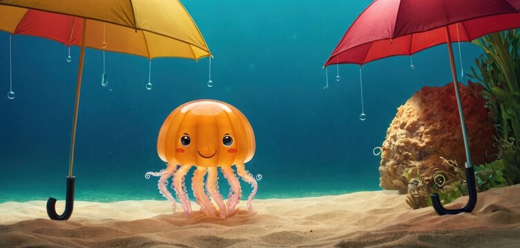  a couple of umbrellas sitting on top of a sandy ground next to a jellyfish and an octopus on the bottom of a sea bed of sand under water.
