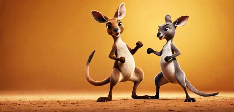  a couple of kangaroos standing next to each other on top of a sandy ground in front of a yellow and orange background with a small kangaroo in the foreground.