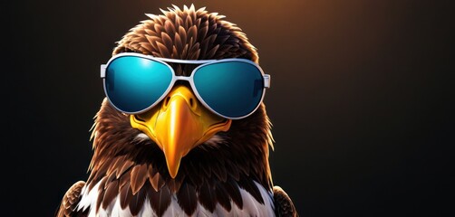  a close up of a bird with sunglasses on it's head and a black background with a light shining on the top of the head and bottom half of the head.