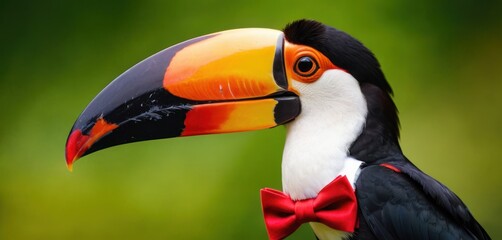  a close up of a toucan bird with a red and yellow beak and a black and white face with a red bow tie on it's head.