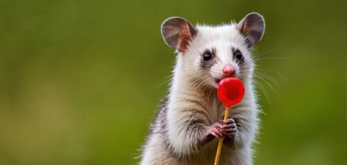  a close up of a small animal holding a red lollipop in it's mouth and looking at the camera with a blurry background of a blurry background.