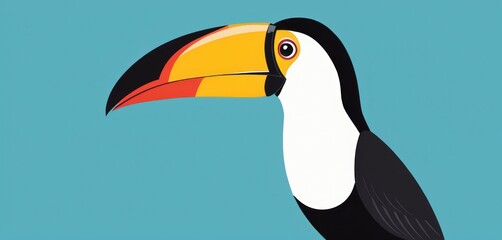  a picture of a toucan bird with a bright yellow beak and a black and white stripe on it's head, against a blue background of blue sky.