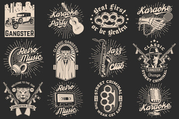 Set of gangster and retro music poster, banner. Vintage design for t shirt, emblem, logo, badge design with gangster, submachine gun and retro microphone, saxophone, audio cassette, guitar. Vector.