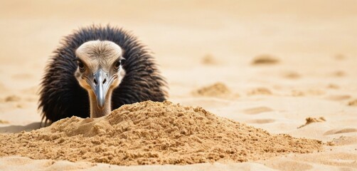  an ostrich is standing in the sand with its head in the sand and it's beak sticking out of it's mouth and it's head in the sand.