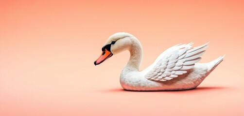  a white swan on a pink background with its wings spread out and it's head turned to the side and it's head turned slightly to the side.