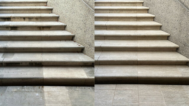 Before and after, cleaning and restoration of an old external beige marble staircase