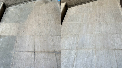 Before and after, cleaning and restoration of an old beige marble exterior