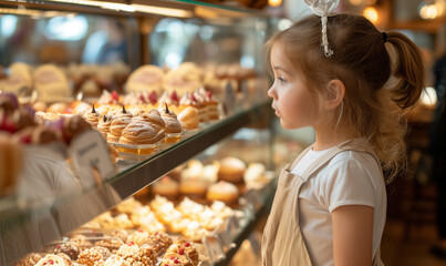 child is in front of the dessert counter of the bakery and lookind to pastry.