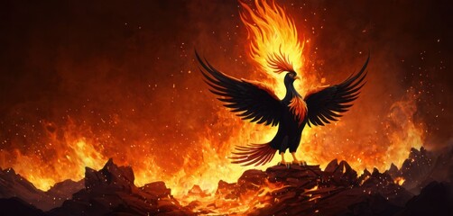  a painting of a bird with its wings spread out in front of a blazing background of rocks and rocks, with bright yellow and orange flames in the foreground.