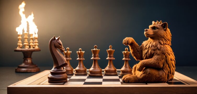 a bear figurine sitting on top of a chess board next to a set of chess pieces with flames coming out of the top of the chess boards in the background.