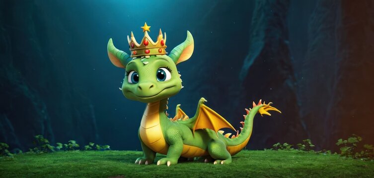  a green and yellow dragon with a crown on it's head sitting on a green grass covered hill in front of a dark blue and green background with light.