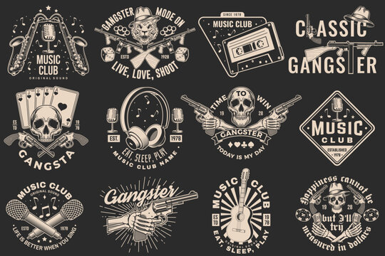 Set of gangster and retro music poster, banner. Vintage design for t shirt, emblem, logo, badge design with gangster, submachine gun and retro microphone, saxophone, audio cassette, guitar. Vector.