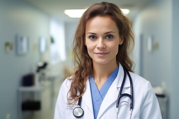 Female medical worker with stethoscope against a clinic interior in blur. Shallow depth of field