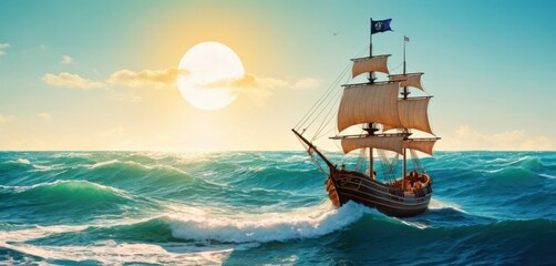  a sailing ship in the middle of a large body of water with a sun in the sky above it and a flag on top of the boat in the water. - obrazy, fototapety, plakaty