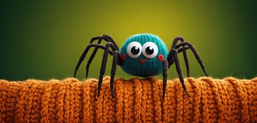  a knitted spider sitting on top of a knitted orange piece of cloth with eyes on it's back and legs, on a green background with a green background. - obrazy, fototapety, plakaty