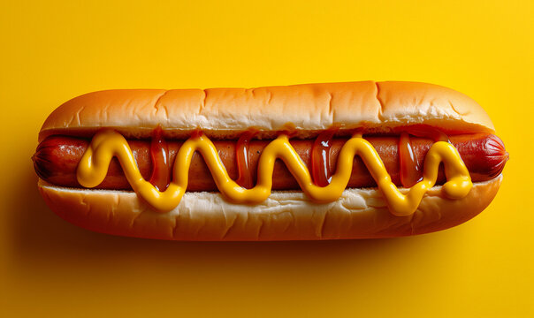 hotdog with kenny written in mustard on top on bright yellow background.