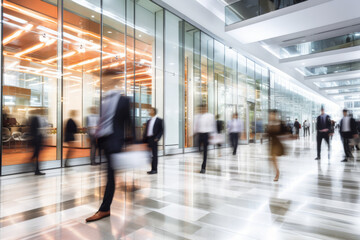 A Long exposure shot of crowd of business people walking in bright office lobby fast moving with blurry. Motion blur