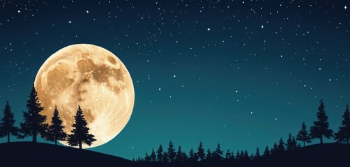  a full moon in the night sky with trees in the foreground and stars in the sky over a hill with a forest on the other side of the moon.