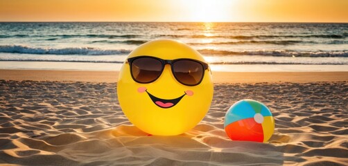 Fototapeta na wymiar a yellow egg wearing sunglasses sitting on a sandy beach next to an egg with a beach ball in front of it, with the sun setting in the background, on a sandy beach.