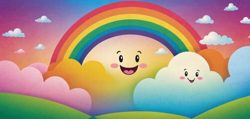  a painting of a rainbow with two clouds and a smiling cloud with a rainbow in the background and a smiling cloud in the foreground with a rainbow in the middle.