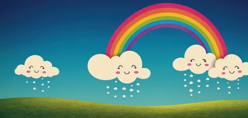  a painting of a rainbow and clouds with rain coming out of the clouds and rain drops coming out of the clouds and a rainbow in the middle of the sky.