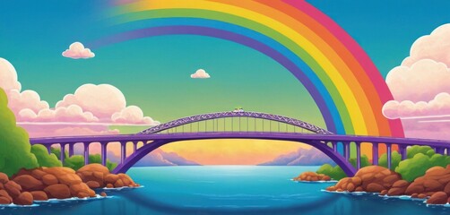  a painting of a bridge over a river with a rainbow in the sky and a rainbow in the sky above the bridge is a blue body of water and a rainbow in the sky.