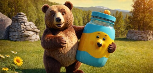  a brown bear holding a blue and yellow mason jar with a yellow bear on it's back, in a grassy area with flowers and a stone wall in the background.