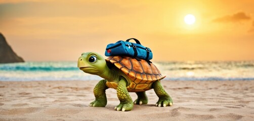  a tortoise with a blue bag on its back on a beach with the sun setting in the background and a body of water in the foreground with a rock in the foreground.