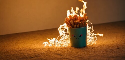  a cup filled with french fries sitting on top of a table next to a pile of fire retardants on top of a table top of a table.