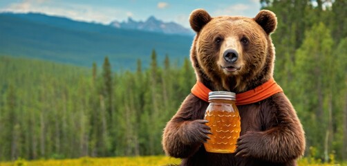  a brown bear holding a jar of honey in a field of grass and trees with a mountain in the backgroup of the picture and a blue sky in the background.