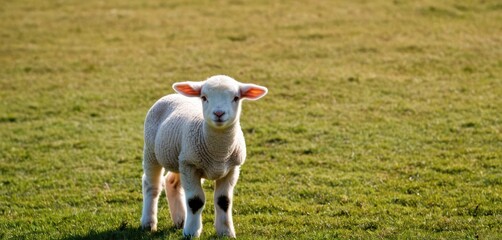  a sheep standing in the middle of a field of grass with its head turned to the side and it's face slightly obscured by the sheep's ears.